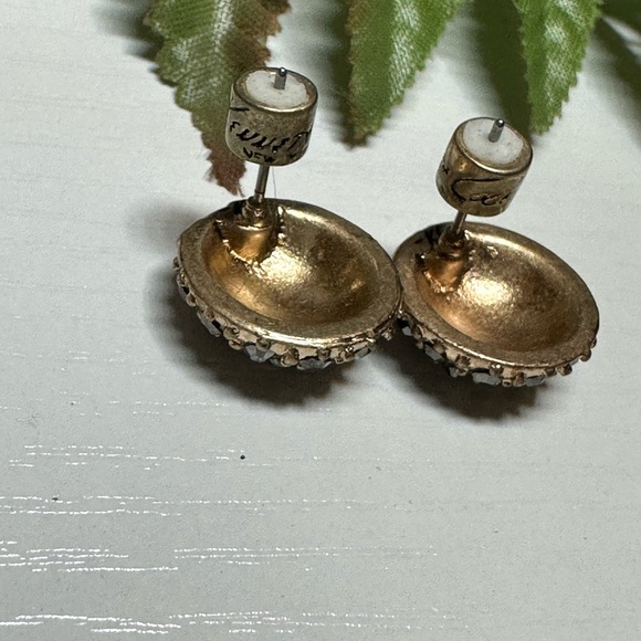 Vintage Post Earrings Gold Toned Round Design With Clear Rhinestones Used q - Picture 3 of 4